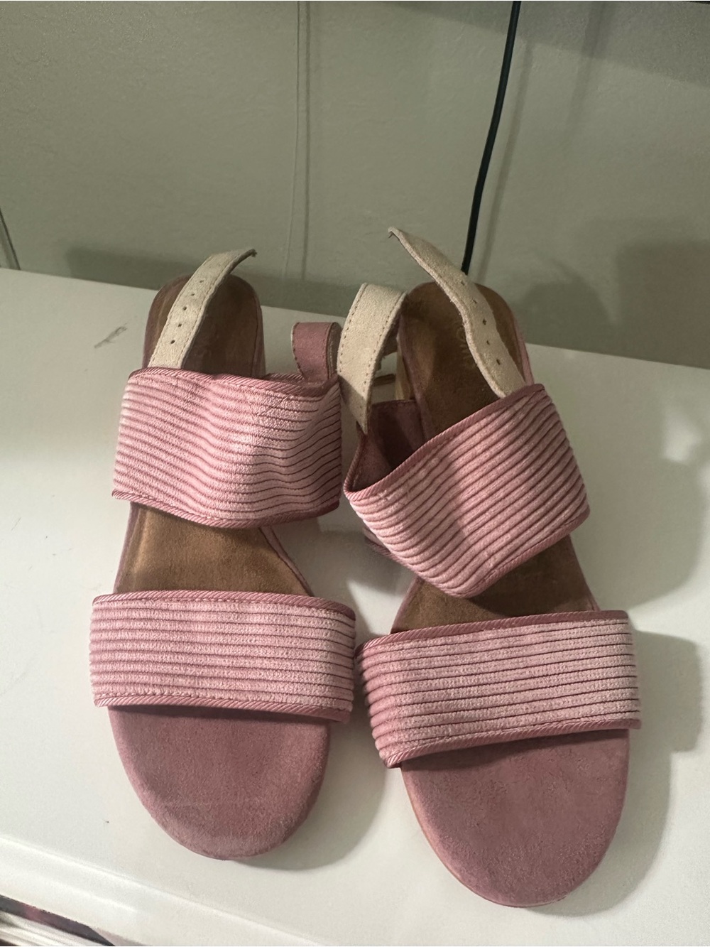 Toms Pink Ribbed Double-Band Sandals with Cream Back Strap